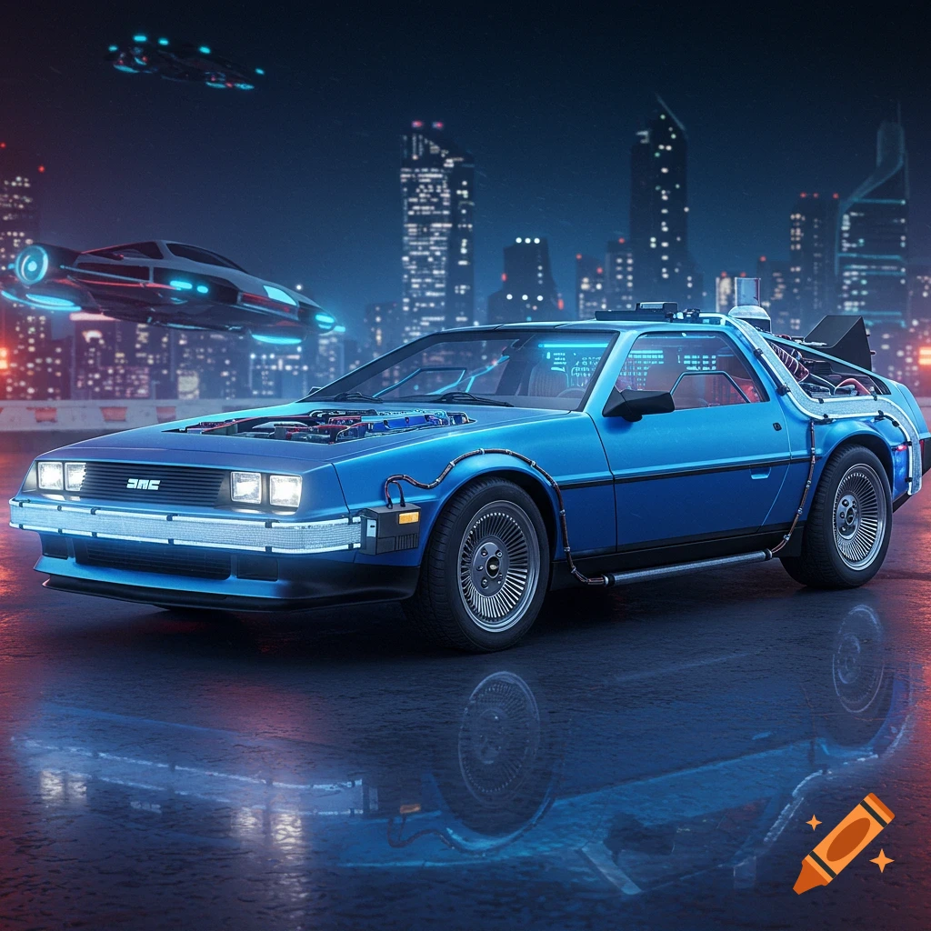 A futuristic blue DeLorean time machine is parked on a city street at night with flying vehicles in the air.