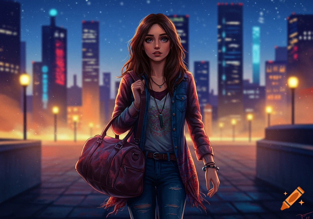 A young woman walks through a city at dusk, carrying a bag.