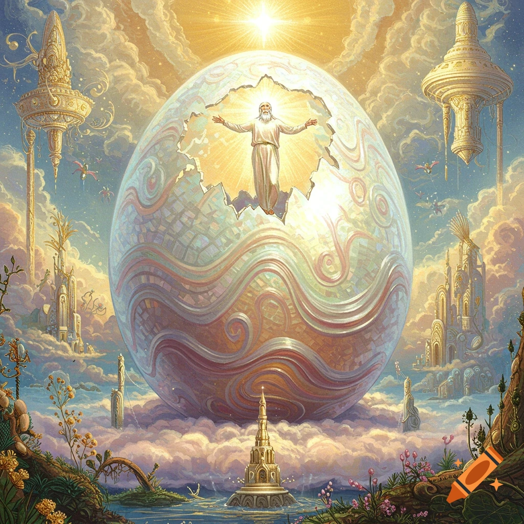 A bearded figure emerges from a large cracked egg in a fantasy sky with clouds and elaborate floating structures.