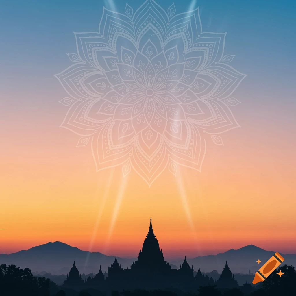 Silhouettes of temples and mountains at sunset, with a mandala overlaying the gradient sky.