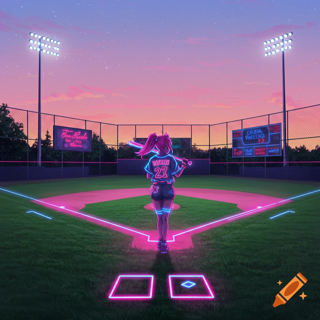 a girl holding a bat on a neon-outlined baseball field at night
