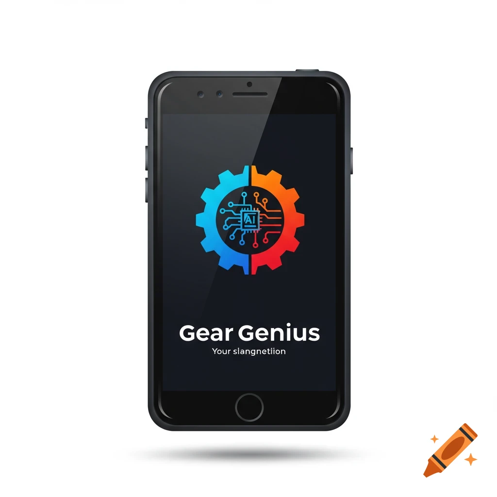 A smartphone displays a logo featuring a gear combined with circuitry and the words "Gear Genius". The image is in a clean vector art style on a white background.