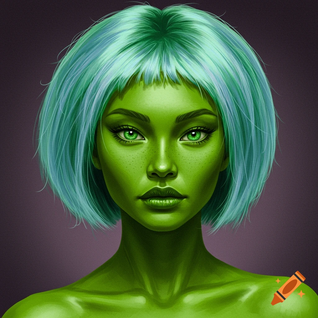 Portrait of a person with green skin and bright blue-green hair.
