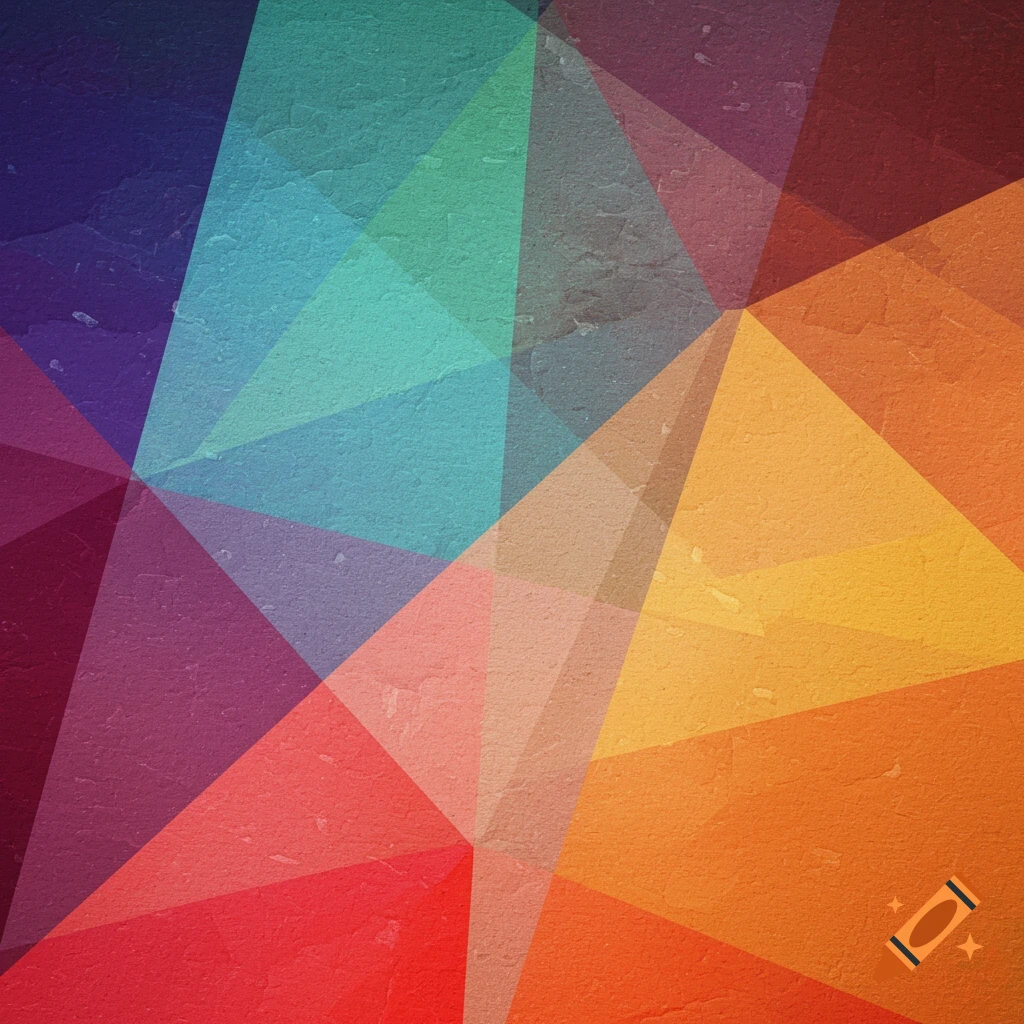 Abstract geometric shapes in purple, blue, green, orange, and red with a textured overlay.