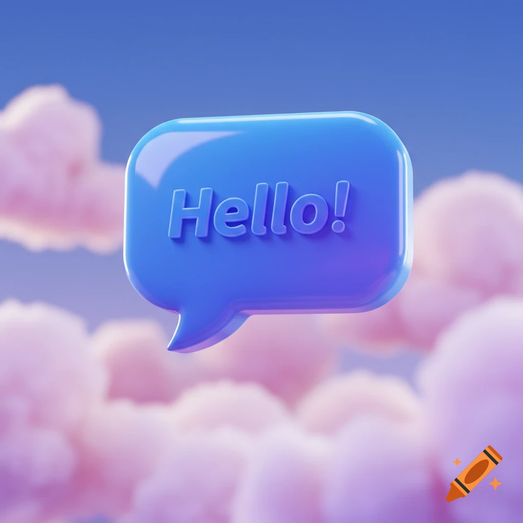 Blue chat bubble with 'Hello!' floats among pink clouds in a blue sky, digital art.