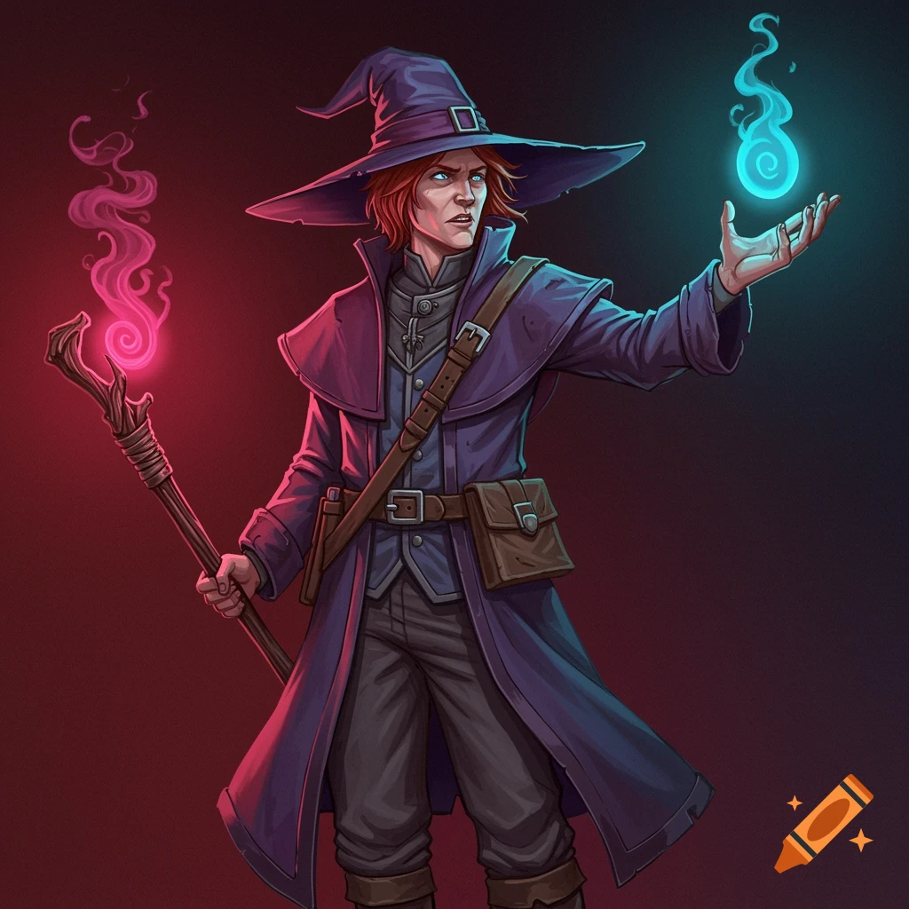 A red-haired wizard in a purple robe casts a blue spell while holding a staff, fantasy art.