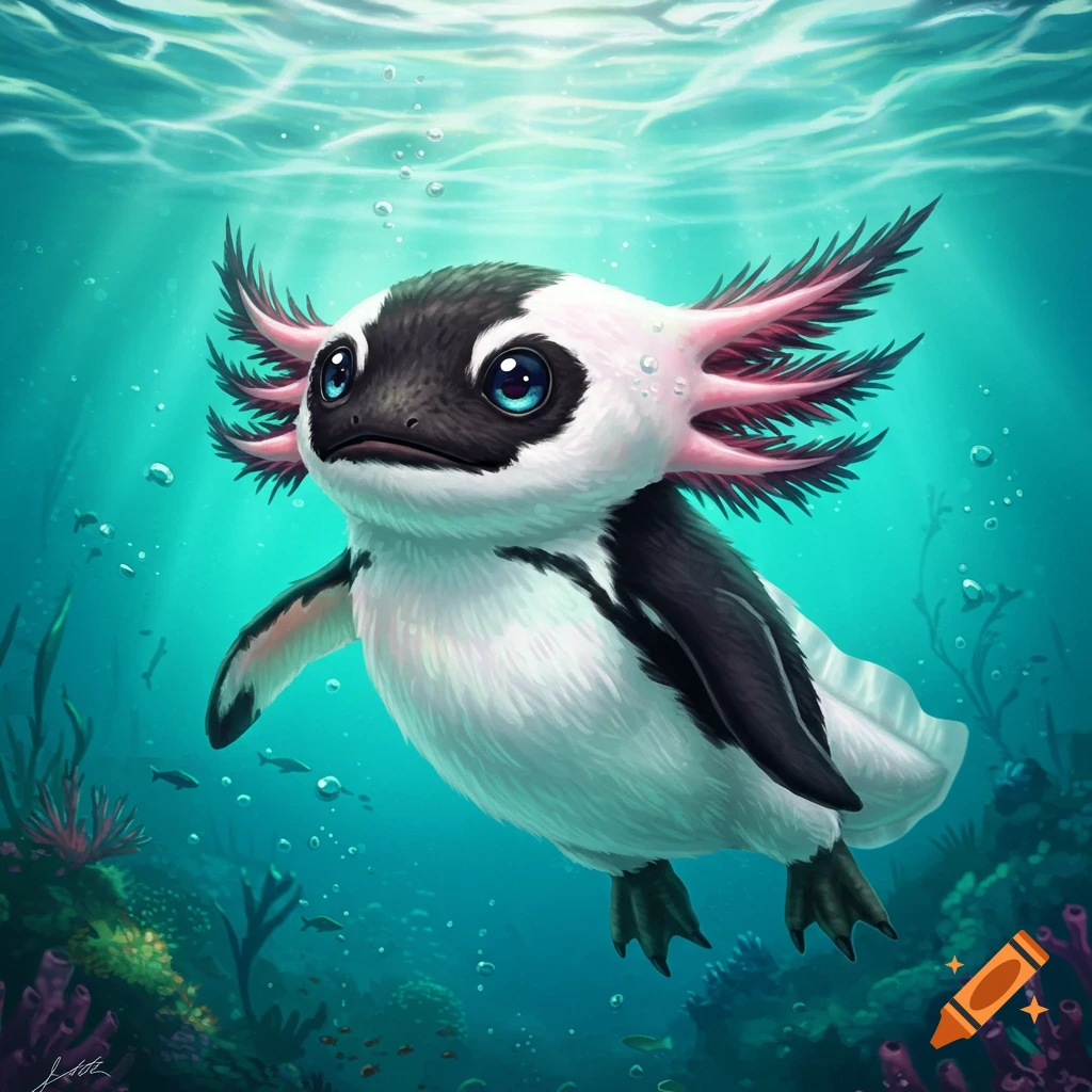 A fantasy creature that is a mix of an axolotl and a penguin swimming underwater.