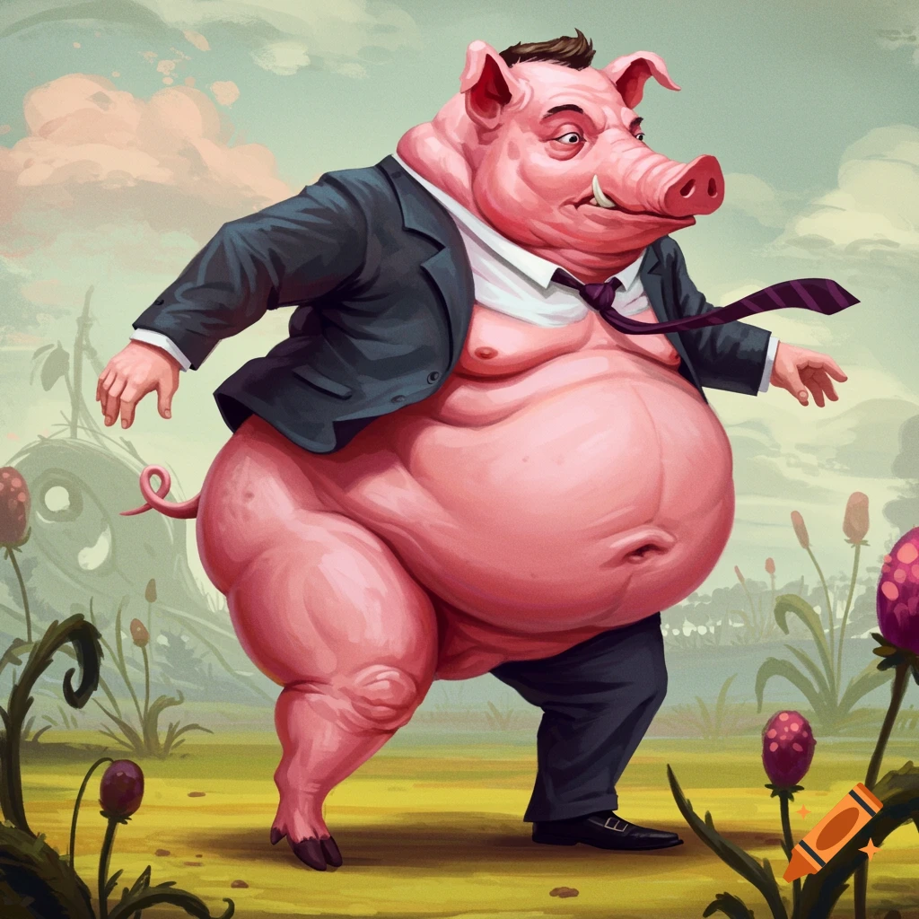 A large, plump pink pig-like creature in a suit and tie walks in a surreal landscape. Painterly style.