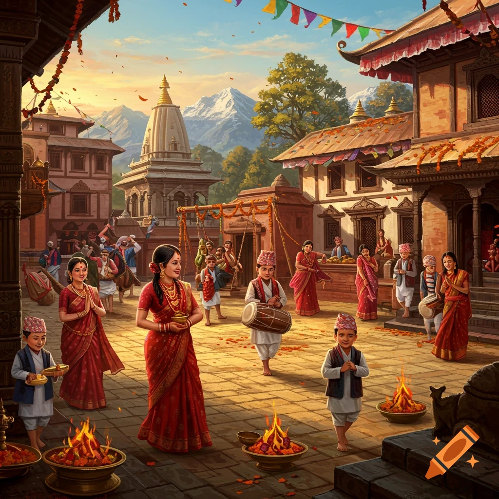 A group of Nepali people in traditional attire are celebrating in a courtyard with temples and mountains.