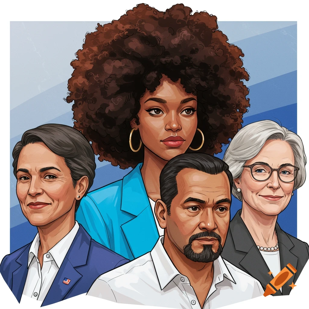Illustration of four diverse political figures against a blue background.