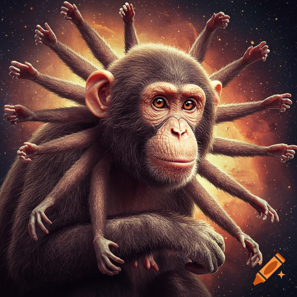 A chimpanzee with multiple arms radiating from its body in space