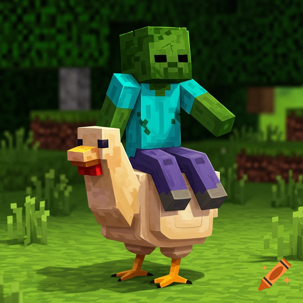 A Minecraft zombie character riding on a Minecraft chicken character.