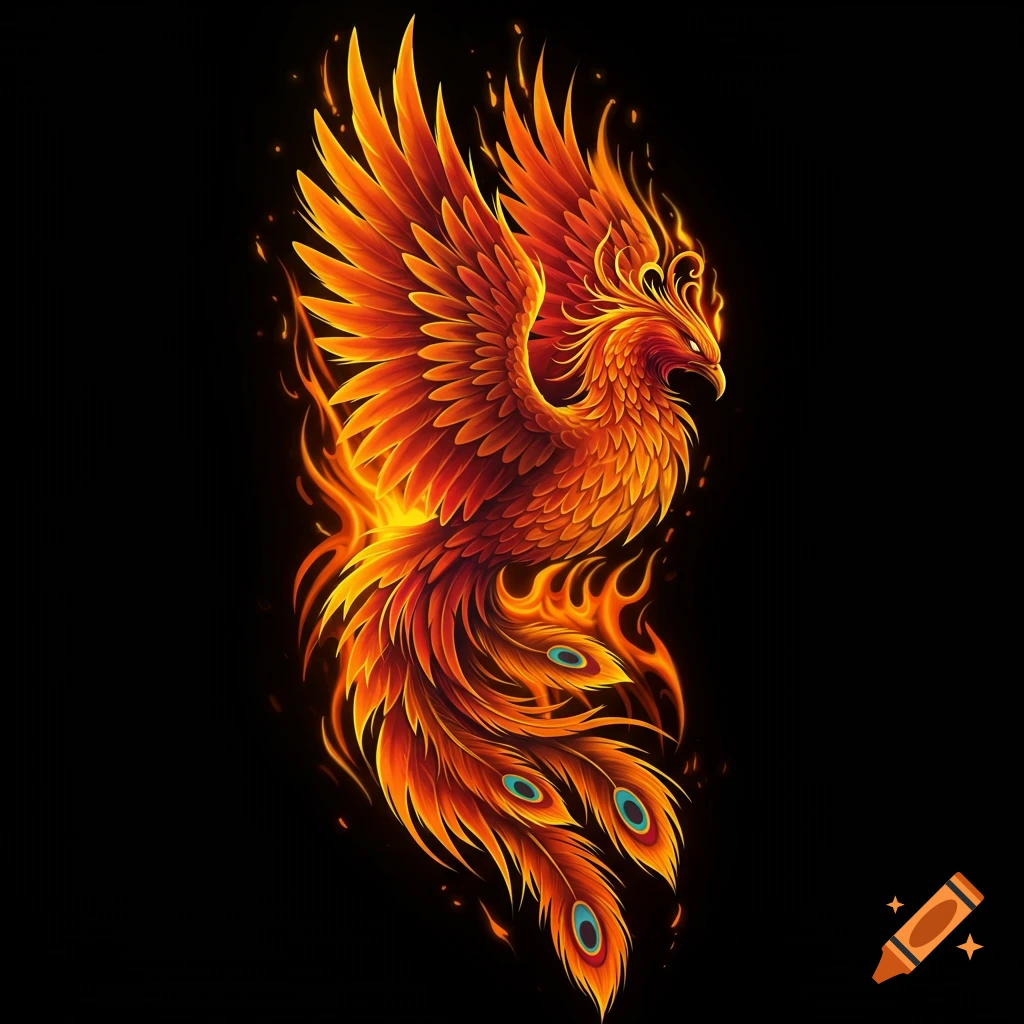 Fiery orange and red phoenix digital art on a black background.