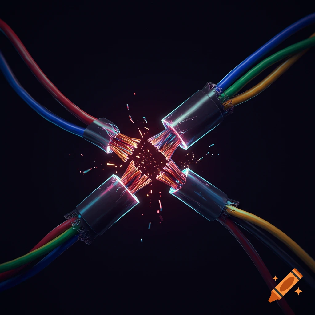 Split electrical wires are sparking on a dark background