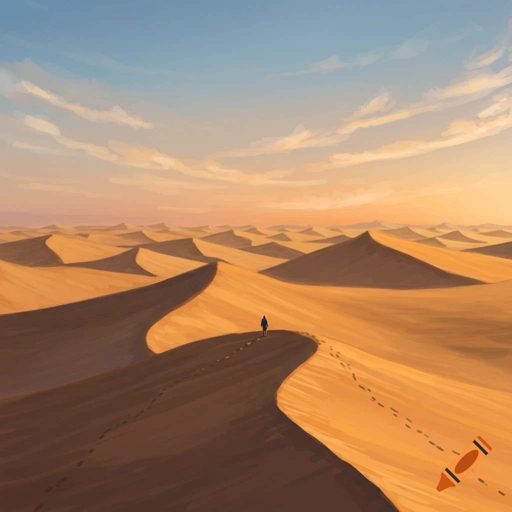 A lone person walking on a sand dune in a vast desert at sunrise.
