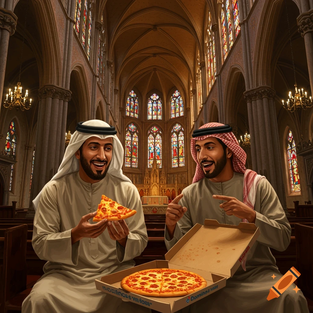 Two men in Arab attire eating pizza inside a church.