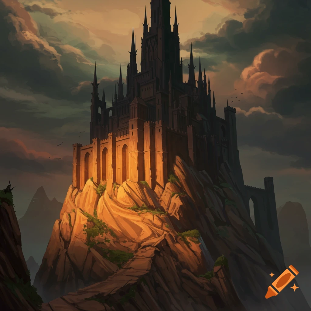 A dark fantasy castle sits atop a rocky mountain peak under a dramatic sky.