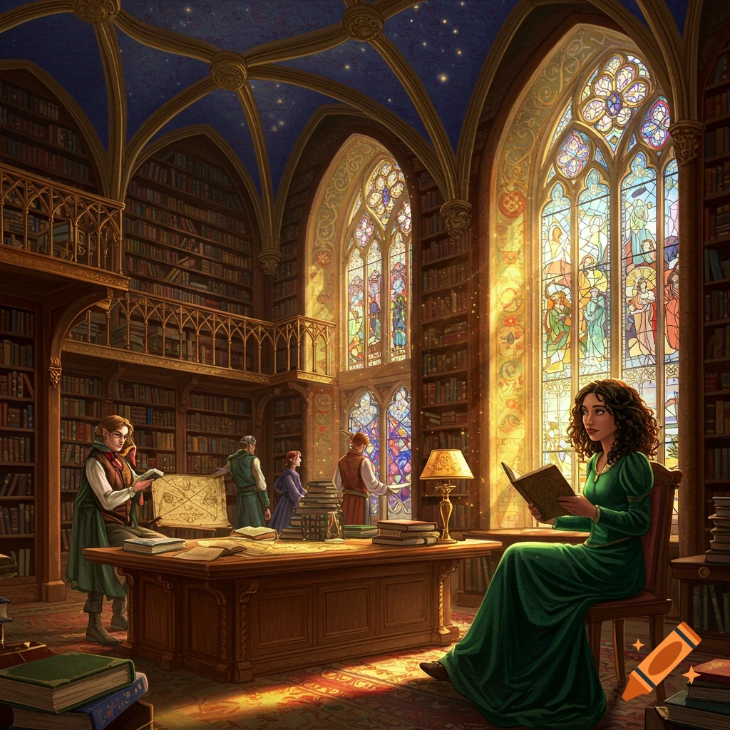 A grand library with soaring ceilings and towering bookshelves. Sunlight streams through vibrant stained glass windows, illuminating a diverse group of people engrossed in reading. In the foreground, a woman in a striking green dress is captivated by a book.