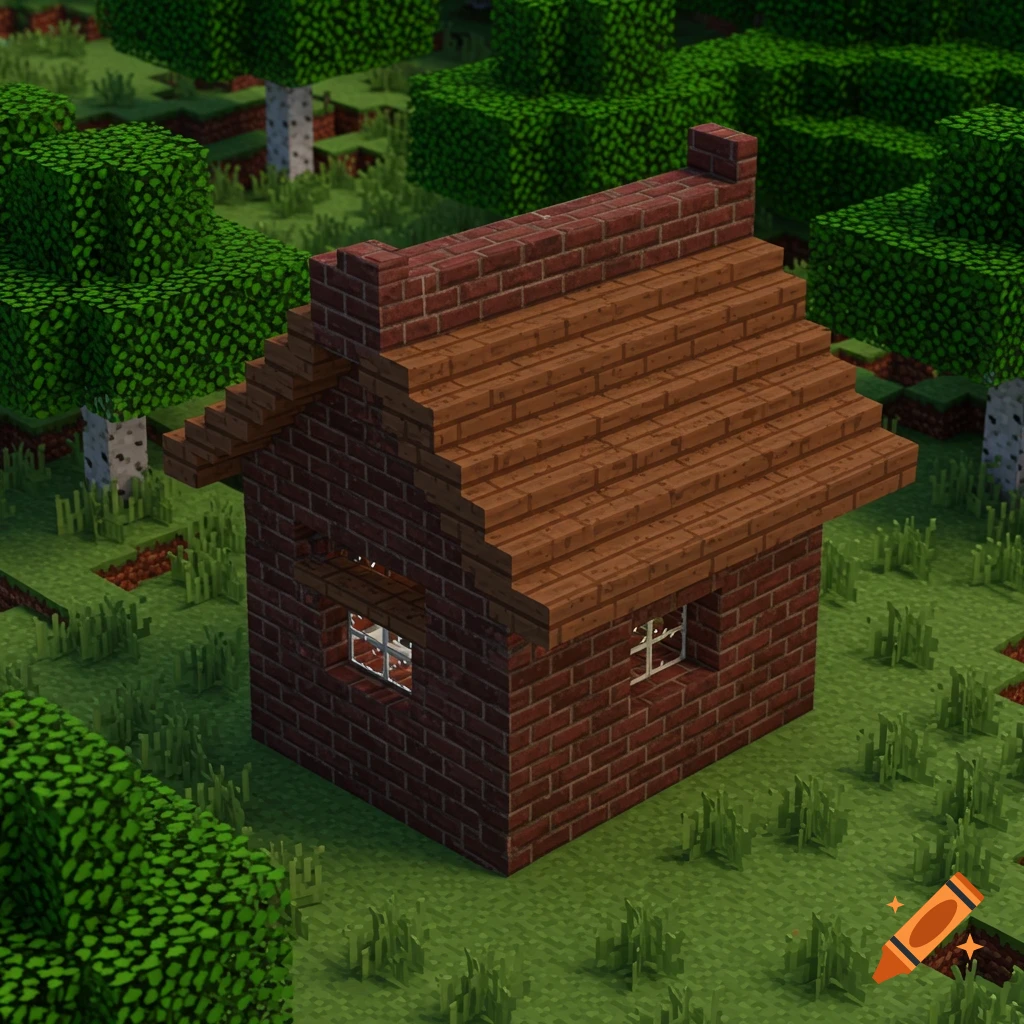 A brick house with a wood roof in a blocky, Minecraft-like forest.