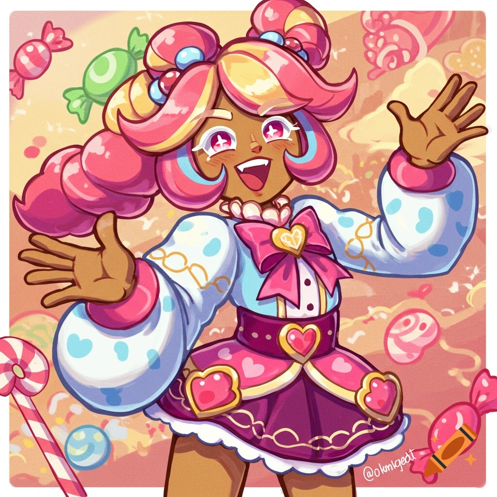 A colorful cartoon character in a candy-themed outfit surrounded by sweets.