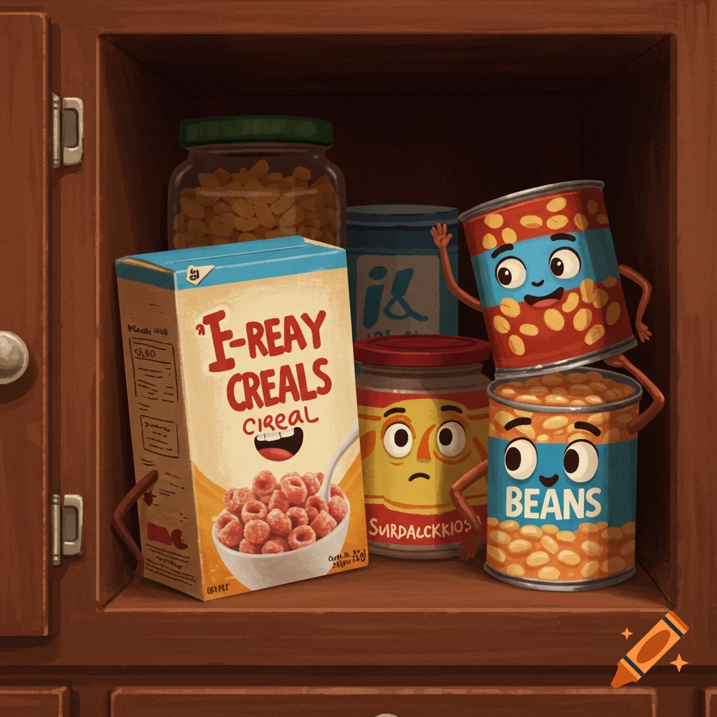 Cartoon illustration of anthropomorphic food items inside a kitchen cabinet.