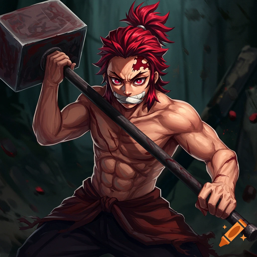 Anime character with red hair, bandaged mouth, holding large hammer.