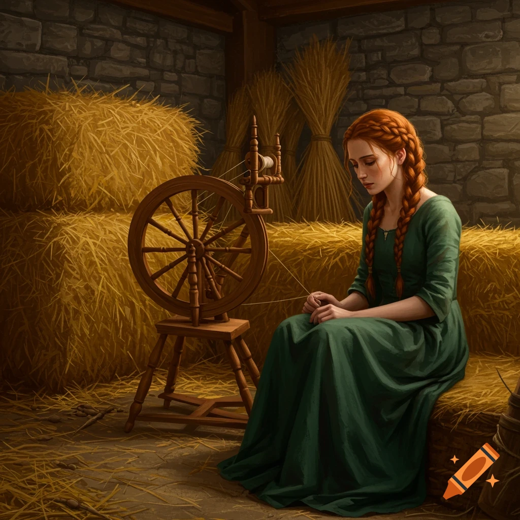 A red-haired woman in a green dress sits by a spinning wheel in a barn.