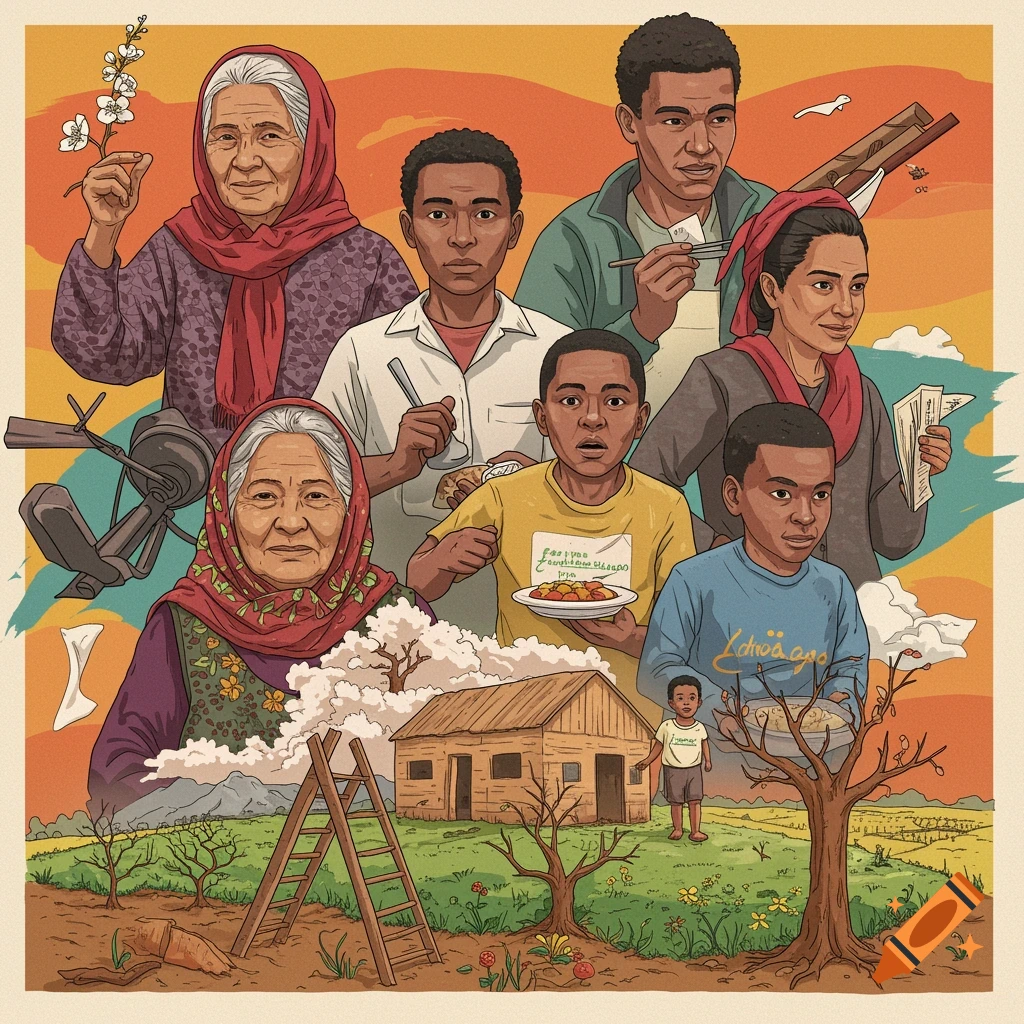 Detailed illustration of diverse people (elders, adults, children) in a rural landscape with a house, trees, and field, depicting community and change.