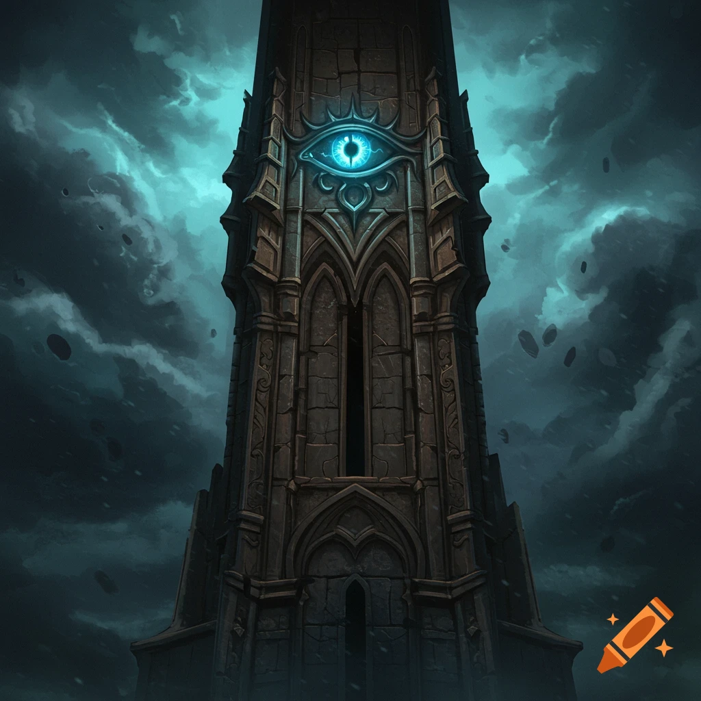 Dark fantasy tower with a glowing blue eye and stormy sky