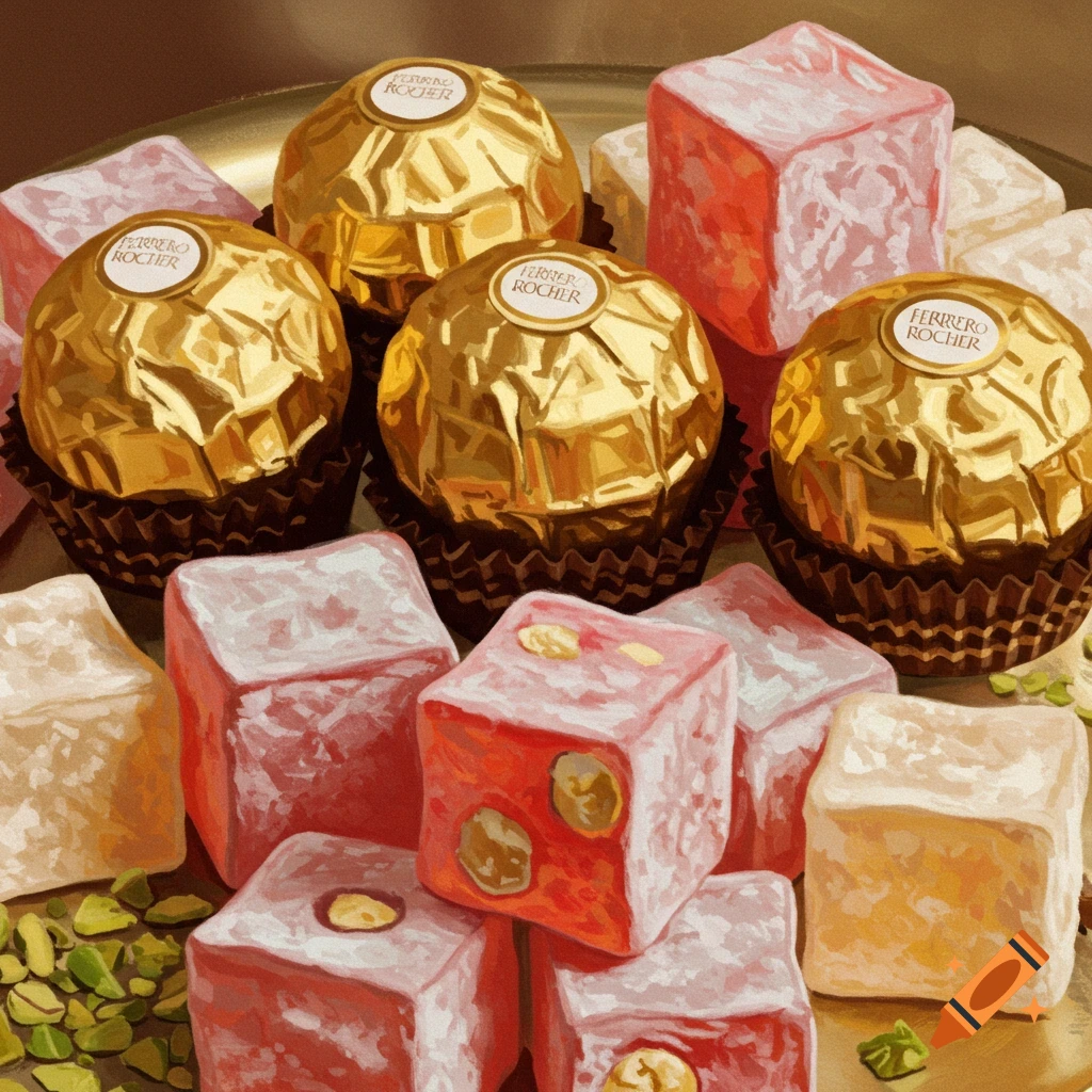 Ferrero Rocher chocolates and turkish delight on a plate.