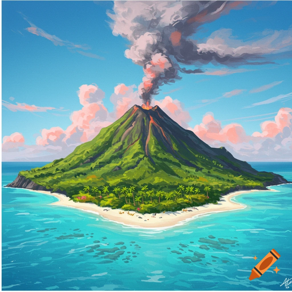A tropical island with a smoking volcano, beach, and turquoise water.