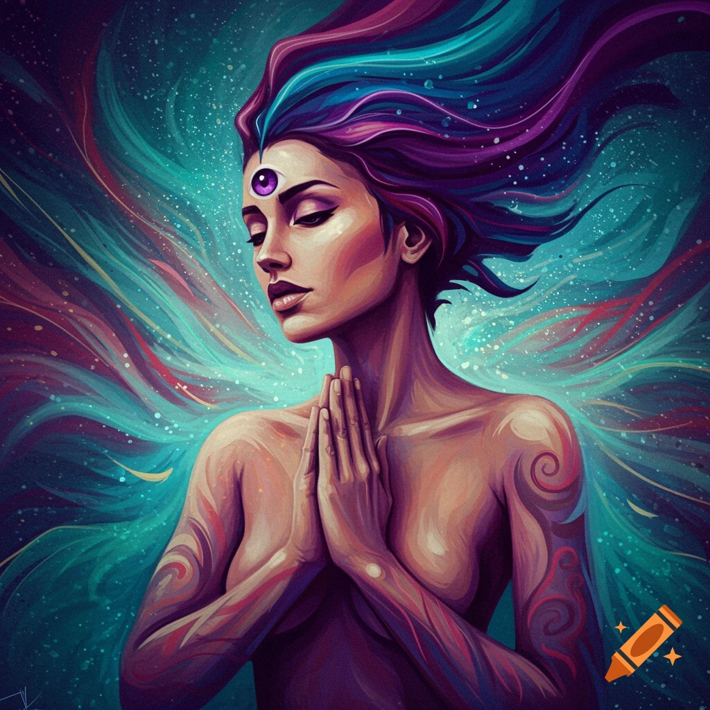 Stylized image of a woman with colorful flowing hair and third eye in prayer pose, surrounded by abstract swirls.