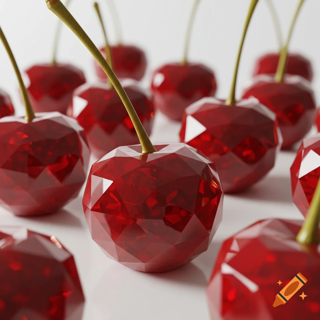 Close-up of many red faceted cherries on a white surface
