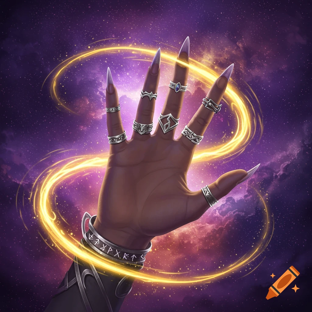 A hand with long nails and ornate rings, wearing a bracelet with symbols, is surrounded by a golden light trail against a starry purple background.
