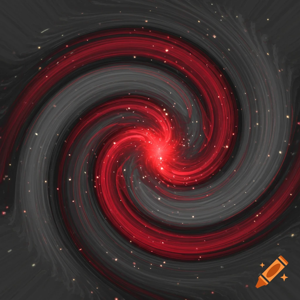 An abstract swirling pattern in red, gray, and black with scattered sparkles.