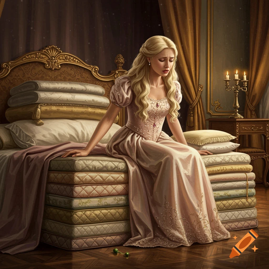A princess with blonde hair sits on a tall stack of mattresses in a lavish bedroom, looking uncomfortable.