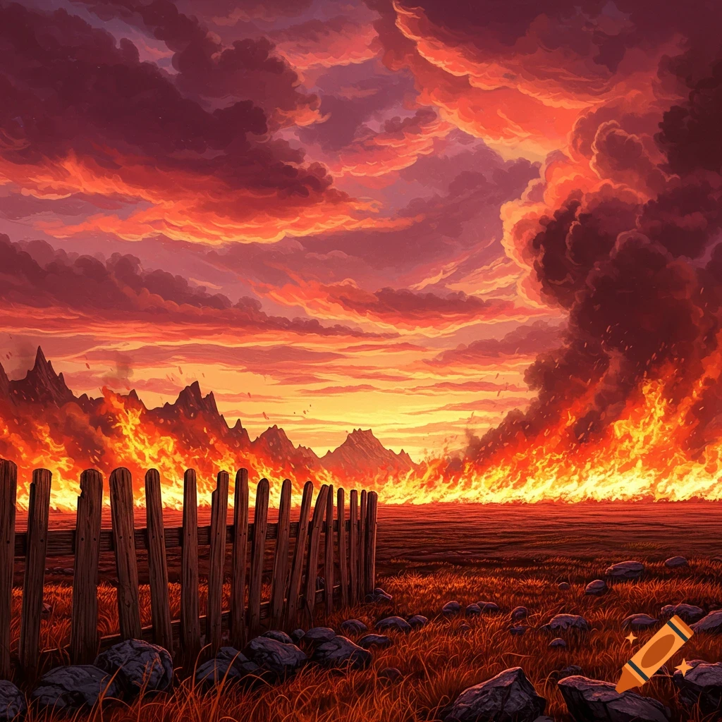 A fiery landscape with a wooden fence in the foreground and dark, smoky clouds.