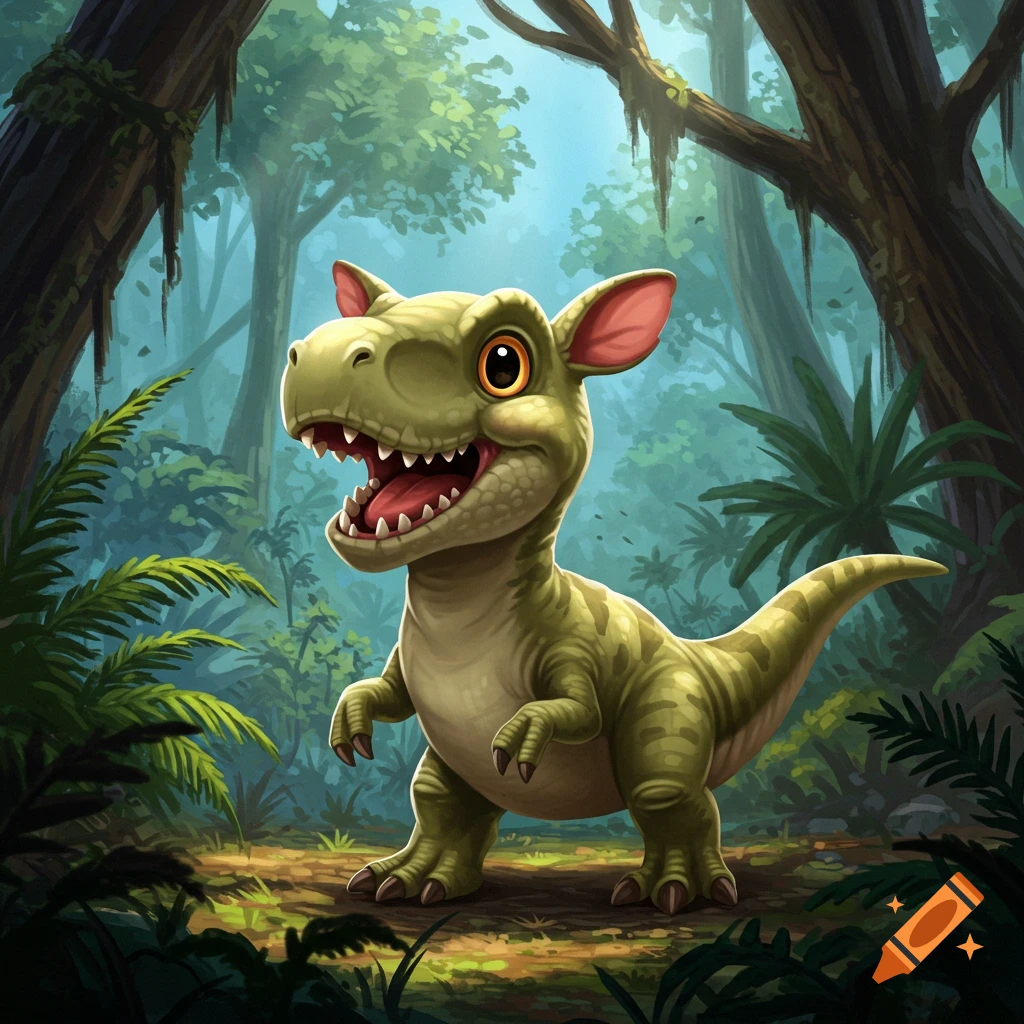 A cute cartoon baby dinosaur with big eyes stands in a jungle.
