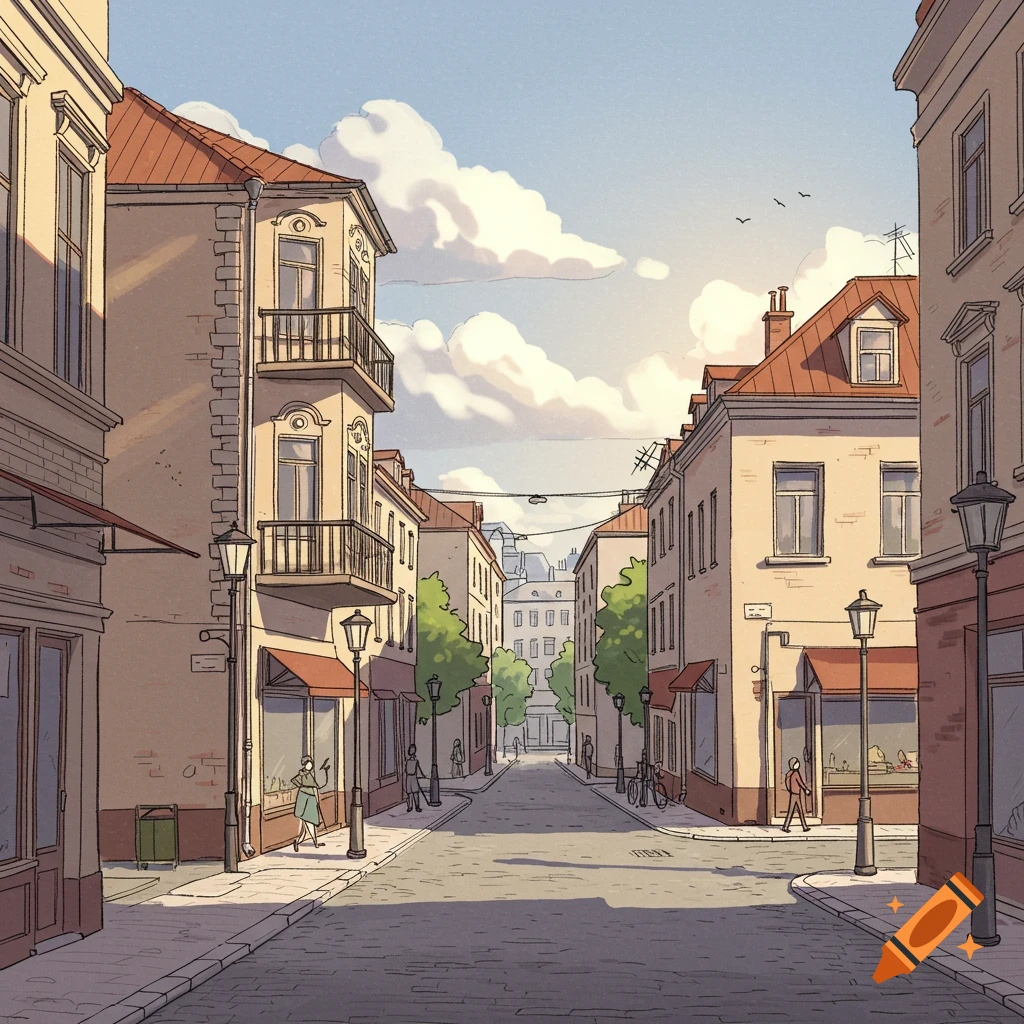 Drawing of a sunny street scene in a city with buildings, trees, and people.