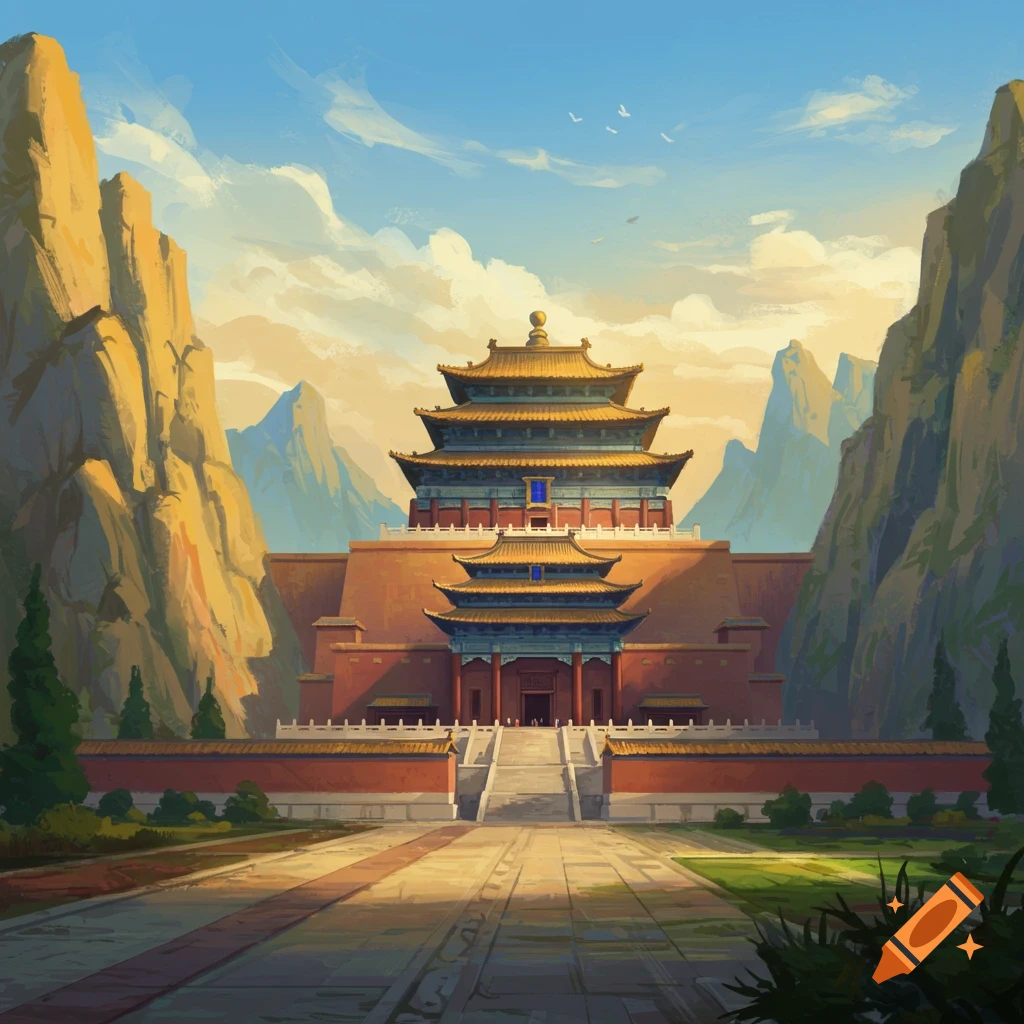 A large, tiered Asian-style palace or temple complex nestled between tall mountains.
