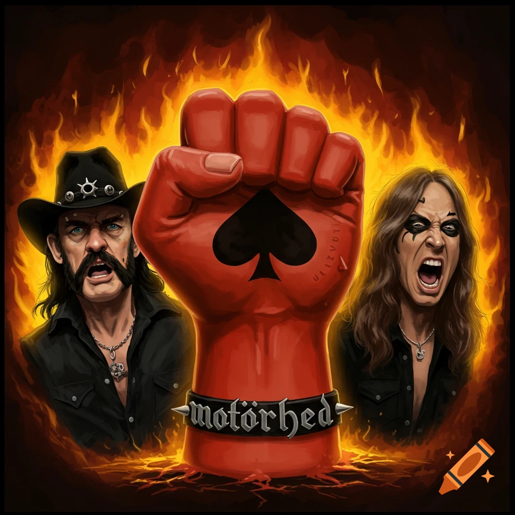 A red fist with a black spade symbol is flanked by two rock musicians in flames, with a wristband.