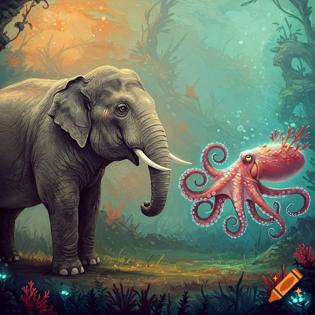 An elephant stands next to a glowing red octopus in a fantastical environment featuring elements of both jungle and underwater settings.