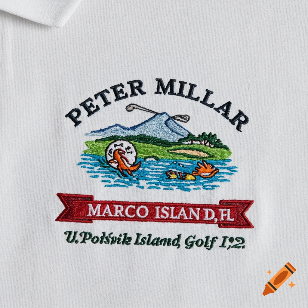 Embroidered patch on a white polo shirt showing a golf scene with a mountain, water, and text 'Peter Millar Marco Island, FL'.