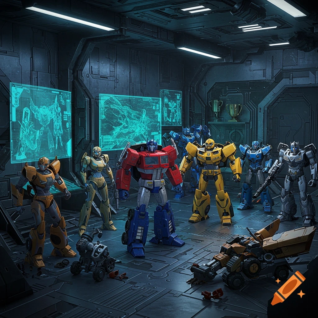 Transformers Autobots including Optimus Prime and Bumblebee in a futuristic lab