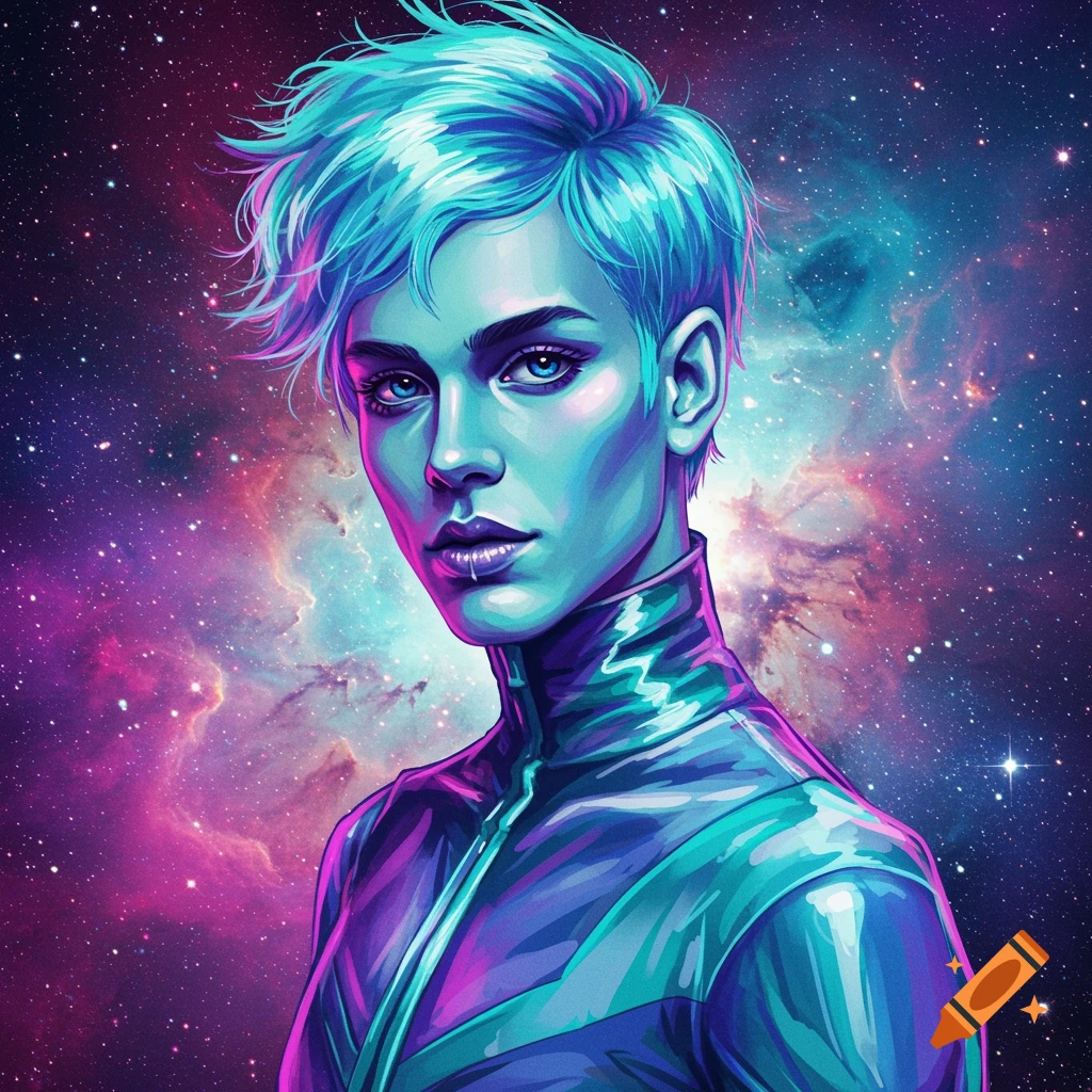Striking portrait of an androgynous person with blue hair, futuristic clothing, against a galaxy backdrop, digital art.