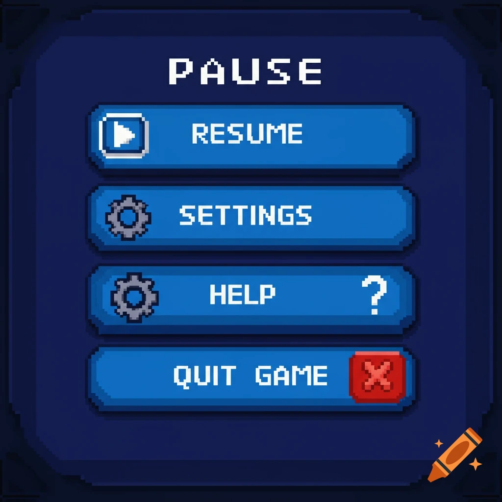 A pixelated video game pause menu with buttons for resume, settings, help, and quit game.