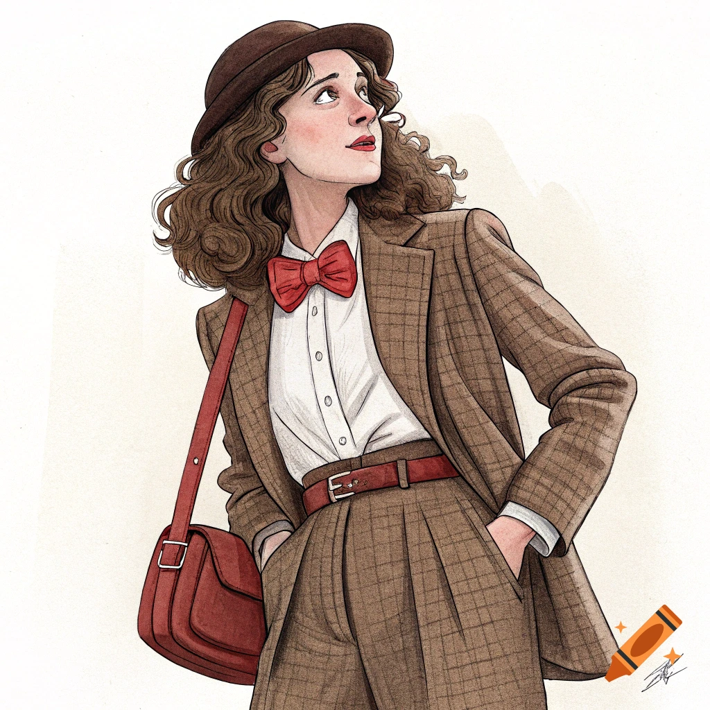 Illustration of a woman in a brown tweed suit, red bow tie, and brown hat looking up.