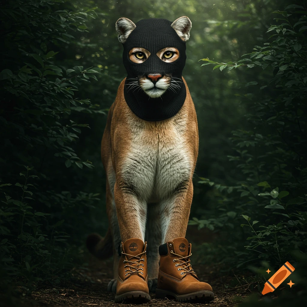 Photorealistic image of a mountain lion wearing a black balaclava and brown boots, standing on a forest path.