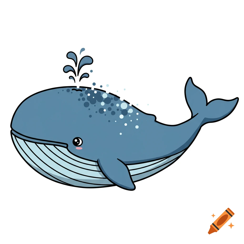 A cartoon blue whale spouting water.
