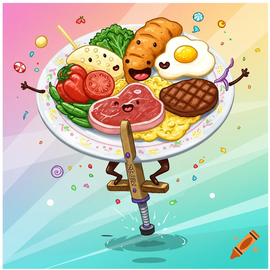 A cheerful plate of cartoon food with faces riding a pogo stick.